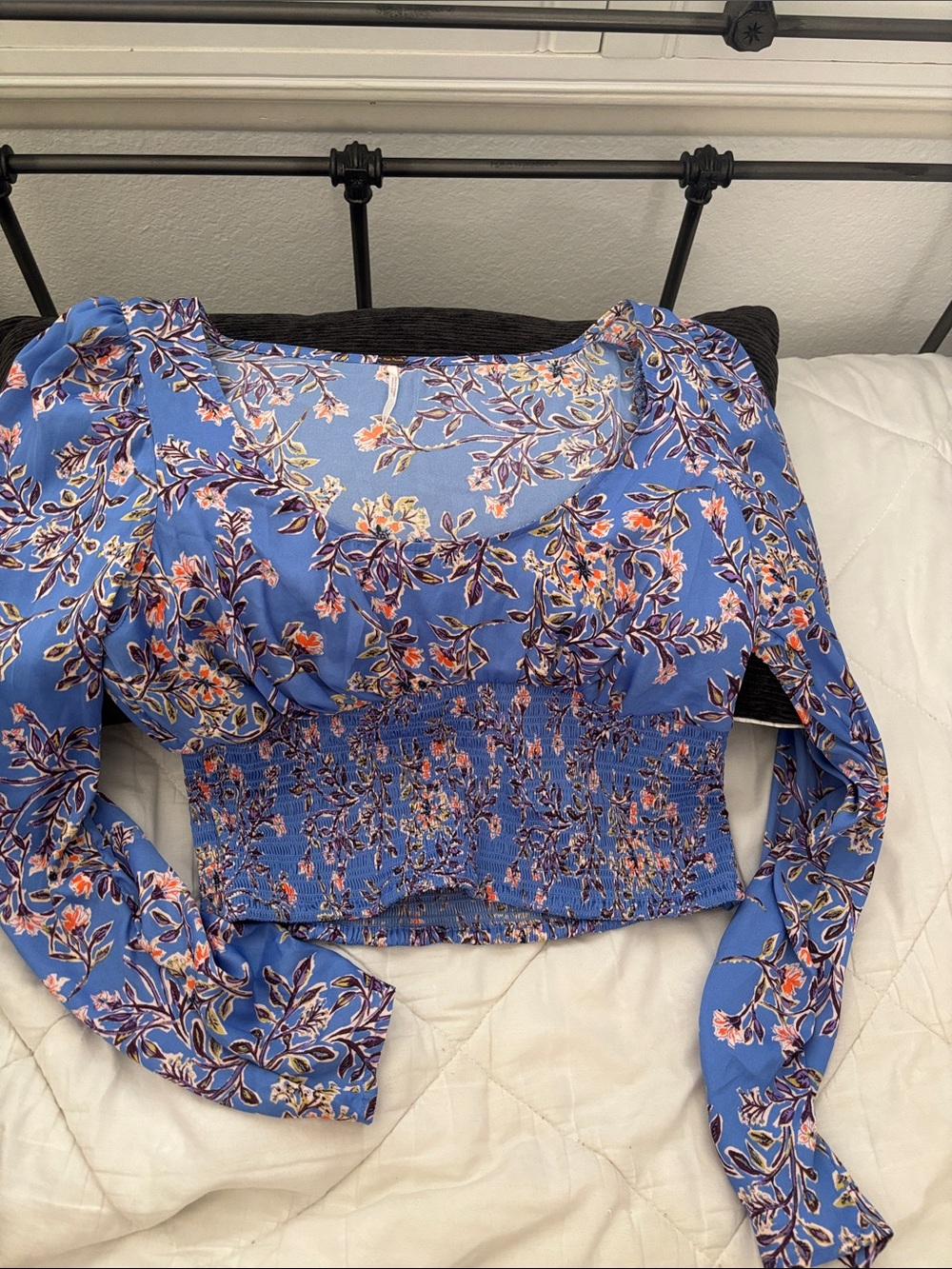 Free People Blue Floral Square Neck Smocked Waist Top